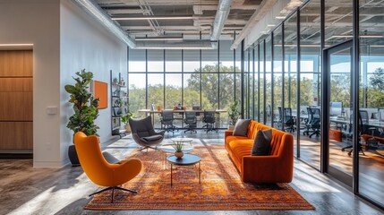 Wall Mural - Modern office lounge with orange furniture, a patterned rug, and large windows overlooking a green landscape.