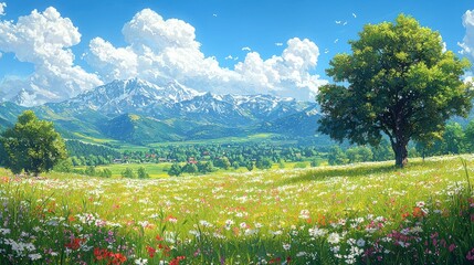 Wall Mural - a vibrant meadow with colorful wildflowers and a majestic mountain range in the background beneath a