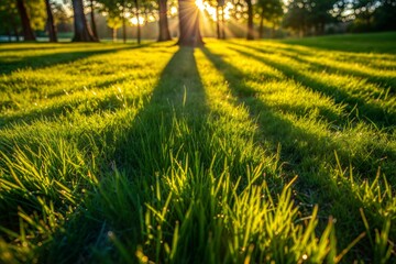 Poster - Sunlight and shadows on lush green grass in park