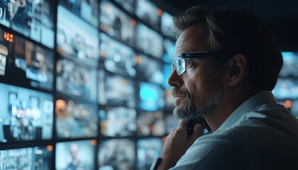 A man in glasses looks intently at a wall of screens displaying various images.