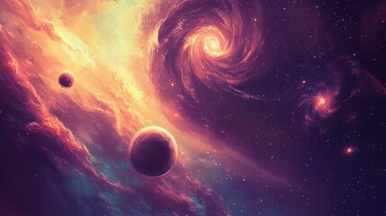 Wall Mural - A Cosmic Dance: Swirling Galaxy with Planets and Stars
