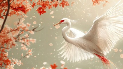 Naklejka na meble A graceful white crane flying among blooming cherry blossoms in a serene landscape during springtime