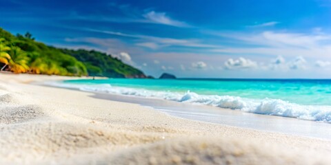 Capturing the essence of a sunlit white sand beach, this image features vivid summer hues ideal for holiday