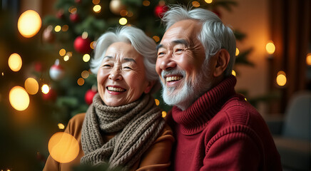 Sticker - A couple of older people are smiling and posing in front of a Christmas tree