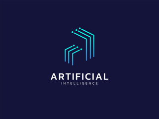 Wall Mural - artificial intelligence with letter a circuit board lines technology analysis logo vector design con