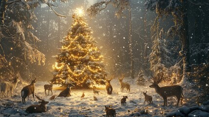 a serene winter scene featuring a beautifully adorned christmas tree surrounded by wildlife and fall