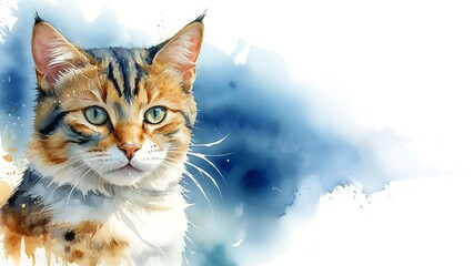 Aegean cat, captured in a serene watercolor portrait. Drawing. Art. Illustration. Copy Space. 1