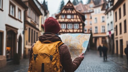 Traveler exploring old town with map, vintage architecture, and quirky buildings.