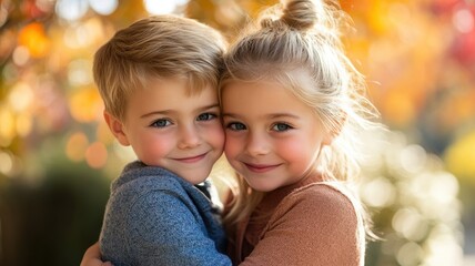 Two cheerful children hugging in a vibrant autumn setting.