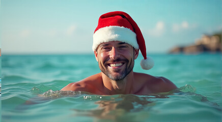 Sticker - A man is smiling and wearing a red Santa hat while swimming in the ocean