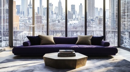 Chic living room with a deep purple sofa, a low hexagonal coffee table, and floor-to-ceiling windows with views of a snowy city skyline