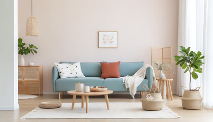 Wall Mural - Modern and minimalistic living room design featuring cozy home furnishing in a basket.