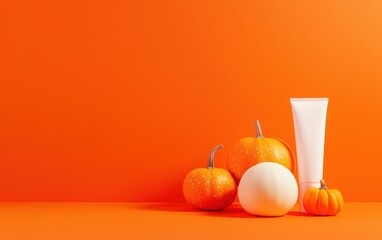 Pumpkins and a white cosmetic tube against an orange backdrop.