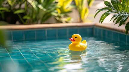 Yellow rubber duck floating in a swimming pool surrounded by lush greenery, playful relaxation concept