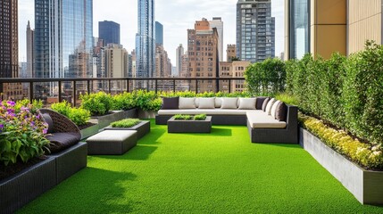 A vibrant urban rooftop garden with a green, grassy area and comfortable seating. The lush grass and the modern setting create a relaxing and stylish outdoor retreat