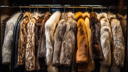 a stylish display of various fur coats hanging in a wardrobe, showcasing rich textures and elegant d
