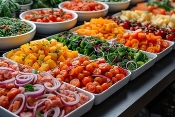 Buffet table filled with colorful vegetables and fruits