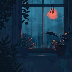 Poster - A window with a plant in it and a red moon in the sky