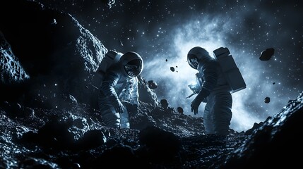 Wall Mural - Astronauts exploring an asteroid 3D rendering. 