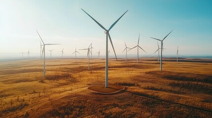 Aerial view of wind turbines in a vast golden field under a clear blue sky, symbolizing clean energy and sustainable technology.