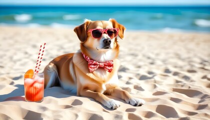 Wall Mural - Golden Retriever Relaxing on Sunny Beach: A Perfect Resort Holiday Vibe