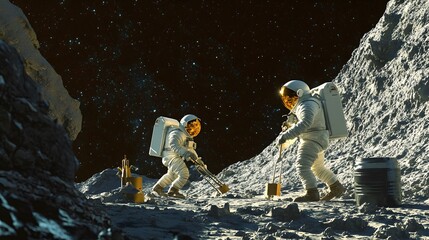 Wall Mural - Astronauts exploring an asteroid 3D rendering. 