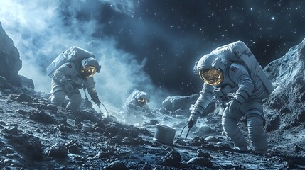 Wall Mural - Astronauts exploring an asteroid 3D rendering. 