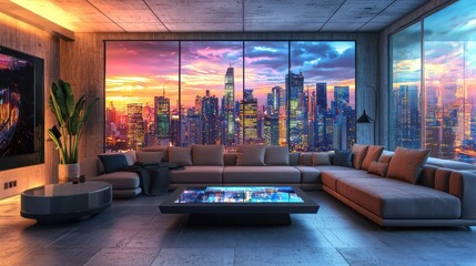 High-tech living room with a smart sofa, interactive coffee table, and panoramic windows displaying a dynamic urban skyline