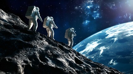 Wall Mural - Astronauts exploring an asteroid 3D rendering. 