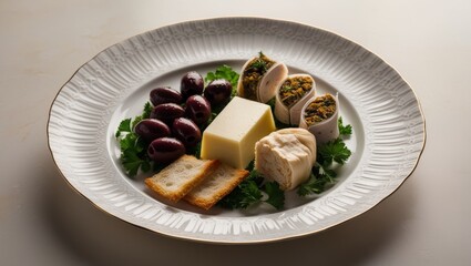 Fasting food plate with traditional dishes: olives, dolma, halva, and lagana on a white plate