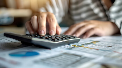 A person calculating expenses with a calculator and financial documents, emphasizing budgeting and planning