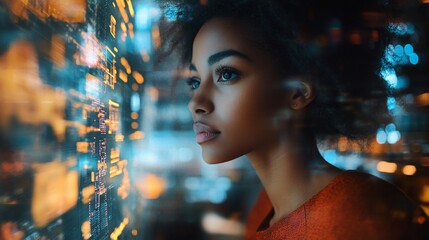 Woman looking at digital screen with a pensive expression.