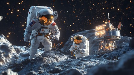 Wall Mural - Astronauts exploring an asteroid 3D rendering. 