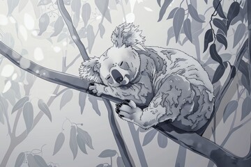 Poster - A koala is sleeping on a tree branch. The image has a calm and peaceful mood. The koala is the main focus of the image, and the tree branch provides a natural and serene setting