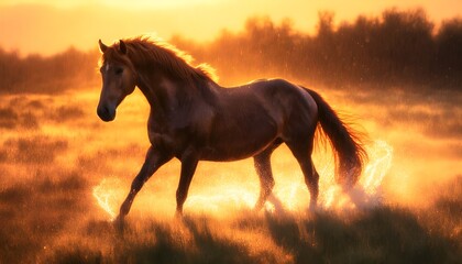 Wall Mural - majestic horse silhouette against a vibrant sunset sky