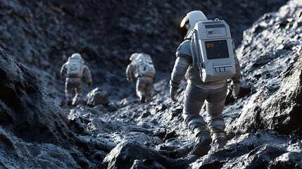 Wall Mural - Astronauts exploring an asteroid 3D rendering. 