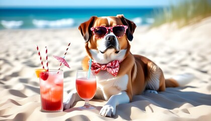 Wall Mural - St. Bernard dog lounging on the beach with a refreshing cocktail, embodying the essence of summer relaxation and tourism