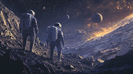 Wall Mural - Astronauts exploring an asteroid 3D rendering. 