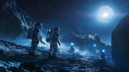 Wall Mural - Astronauts exploring an asteroid 3D rendering. 