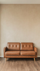 Elegant brown leather sofa against a neutral wall in a modern living room with warm wooden flooring during daylight hours