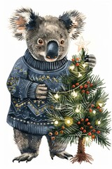 Wall Mural - A vintage watercolor illustration of a koala dressed in a sweater, holding a Christmas tree adorned with a glowing garland, set against a white background