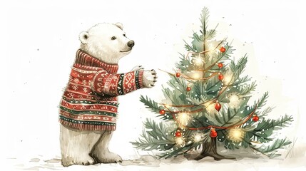 Wall Mural - vintage watercolor illustration of a polar bear dressed in a sweater, holding a Christmas tree adorned with a glowing garland, set against a white background.