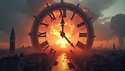 A huge mechanical clock with a nuclear explosion in the background