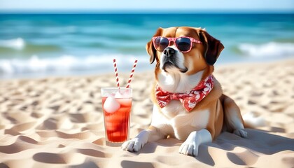 Wall Mural - Relaxing St. Bernard dog enjoying a cocktail on the beach in a cheerful summer holiday scene