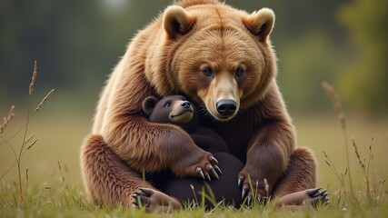 Wall Mural - a brown bear with a bear cub on her stomach