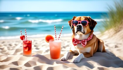 Wall Mural - Relaxing St. Bernard dog enjoying a cocktail on the beach in a cheerful summer holiday scene