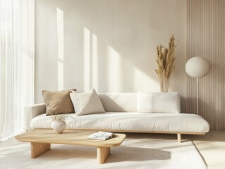 A bright, minimalist living room featuring a cream-colored sofa with neutral cushions. Sunlight streams through large windows, creating a warm, inviting atmosphere with natural simplicity.