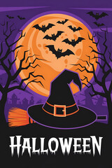 A poster with text halloween, halloween background with pumpkins and haunted house, happy halloween banner