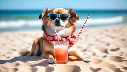 Wall Mural - Beijingese dog enjoying summer beach vibes with a cocktail in paw