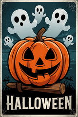 A poster with text halloween, halloween background with pumpkins and haunted house, happy halloween banner